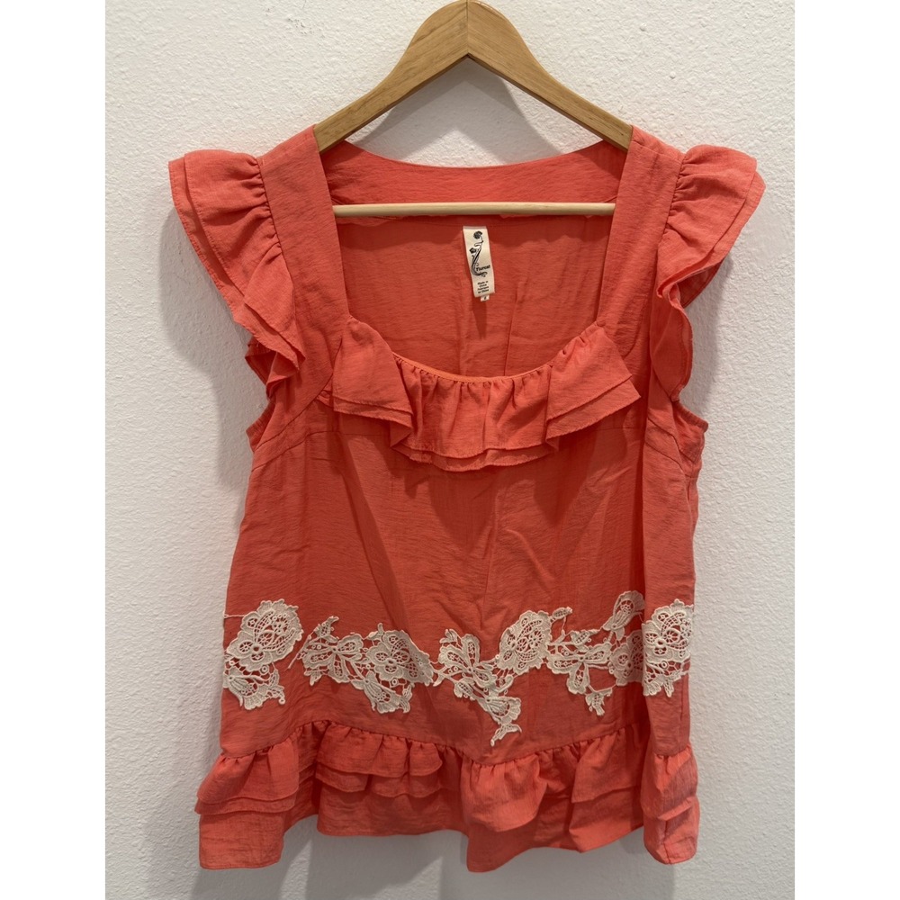Floreat Women's Size 6 Coral Ivory Lace Applique Peasant Ruffled Tank Top